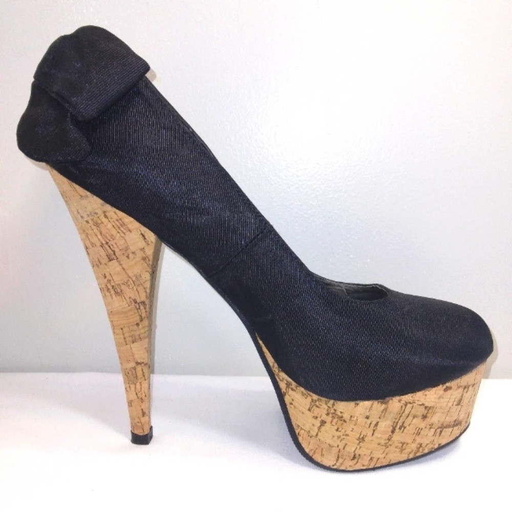 NWT Charlotte Russe 'Paloma' Black and Cork Platform Heels with bow Size 8